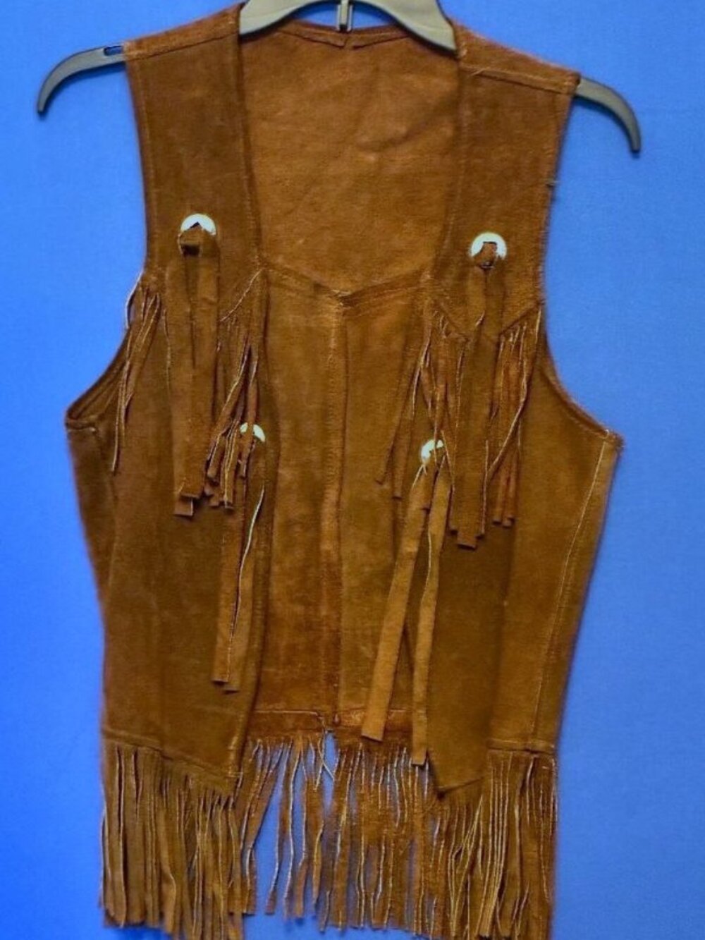 Vintage Handmade '70s Genuine Leather Suede Fringe Hippie Western Vest Conches